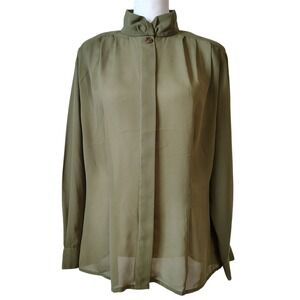 Vintage 80s Notations Petite Blouse SZ‎ 14 Olive Green Mock Neck Sheer Button Up